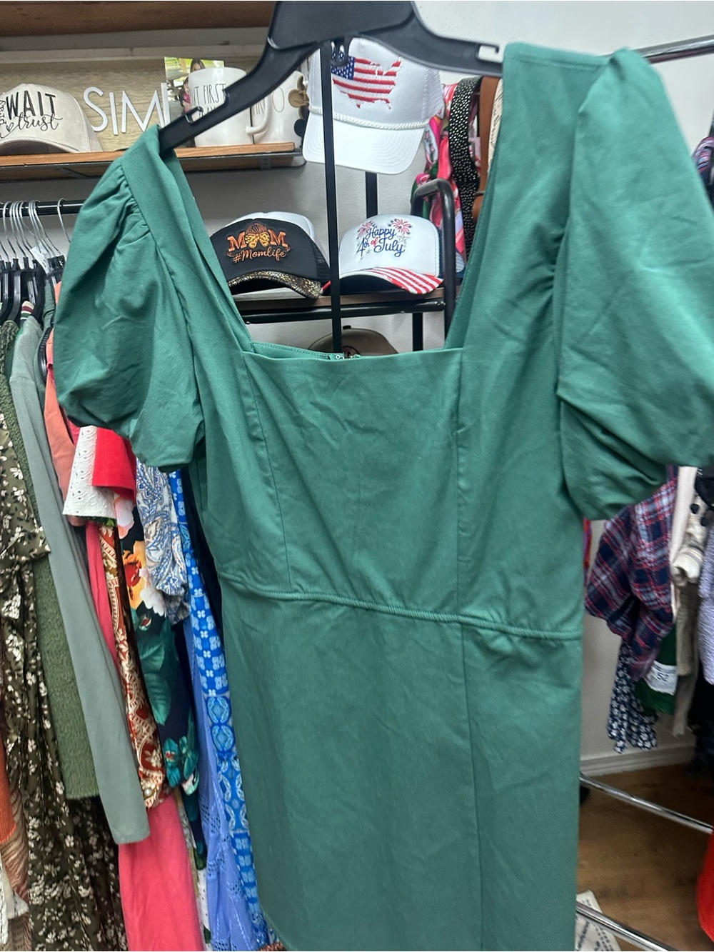 Puff-Sleeve Square-Neck Mini Dress in Forest Green - Picture 3 of 5